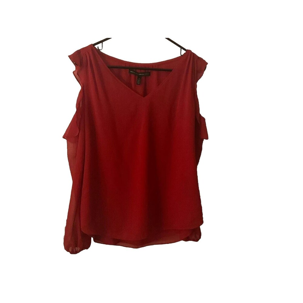 WHITE HOUSE BLACK MARKET  Womens Cold Shoulder Long Sleeve V Neck Top Size 4 Red